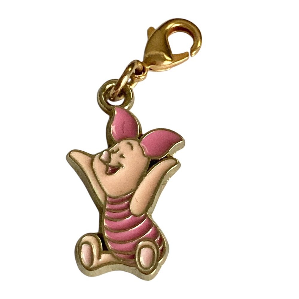 Vintage Disney Piglet Clip On Charm Enamel Gold Tone Zipper Pull Bag Signed Pooh